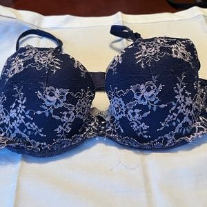 Victoria Secret Unlined Demi Navy Blue & Pink Lace Bra - 34 A
